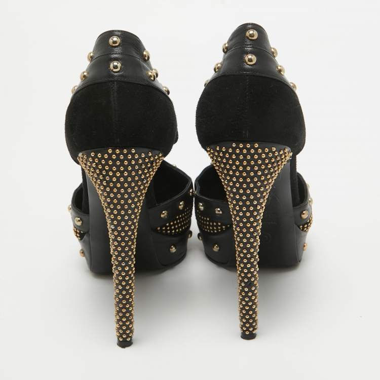 Pre Owned Alexander McQueen Black Leather and Suede Studded Platform Pumps Size 41