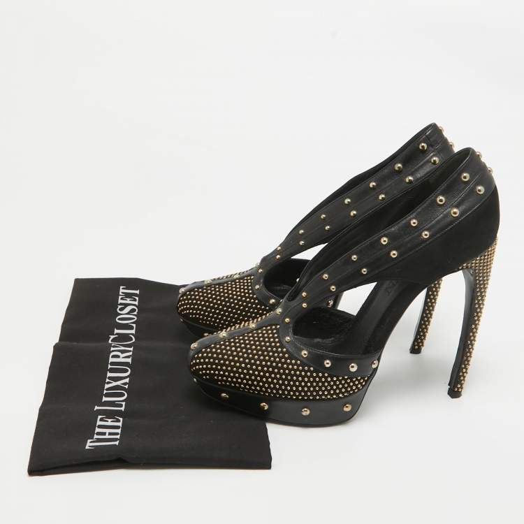 Pre Owned Alexander McQueen Black Leather and Suede Studded Platform Pumps Size 41