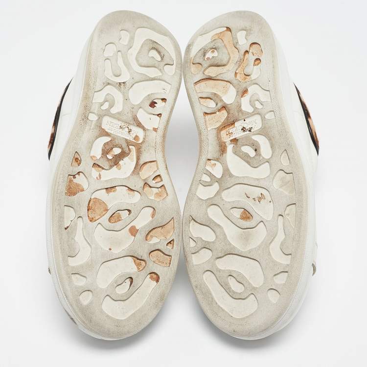 Pre Owned Alexander McQueen White/Brown Leather and Calf hair Oversized Lace Up Sneakers Size 37