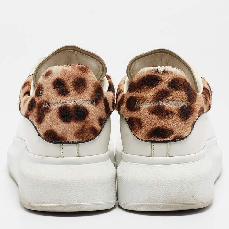 Pre Owned Alexander McQueen White/Brown Leather and Calf hair Oversized Lace Up Sneakers Size 37