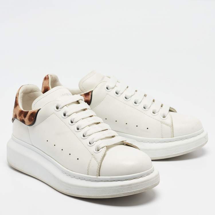 Pre Owned Alexander McQueen White/Brown Leather and Calf hair Oversized Lace Up Sneakers Size 37