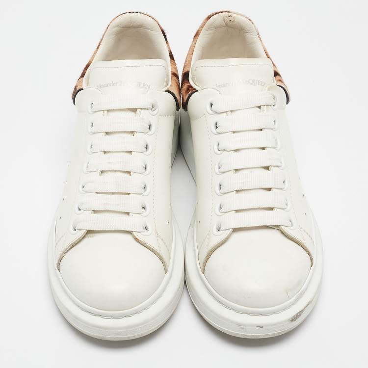 Pre Owned Alexander McQueen White/Brown Leather and Calf hair Oversized Lace Up Sneakers Size 37