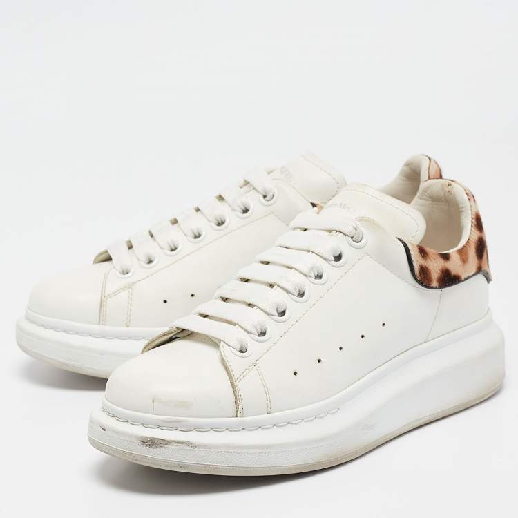 Pre Owned Alexander McQueen White/Brown Leather and Calf hair Oversized Lace Up Sneakers Size 37