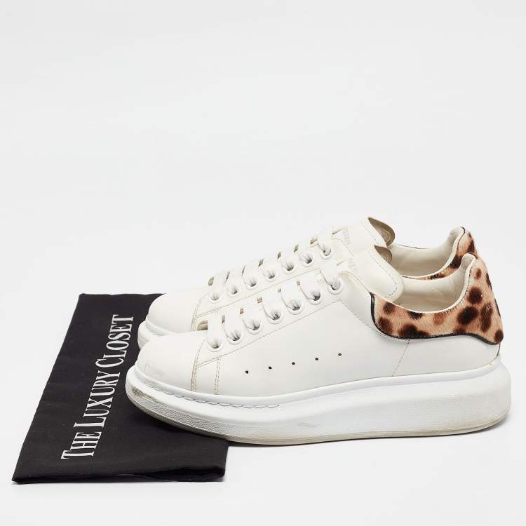 Pre Owned Alexander McQueen White/Brown Leather and Calf hair Oversized Lace Up Sneakers Size 37