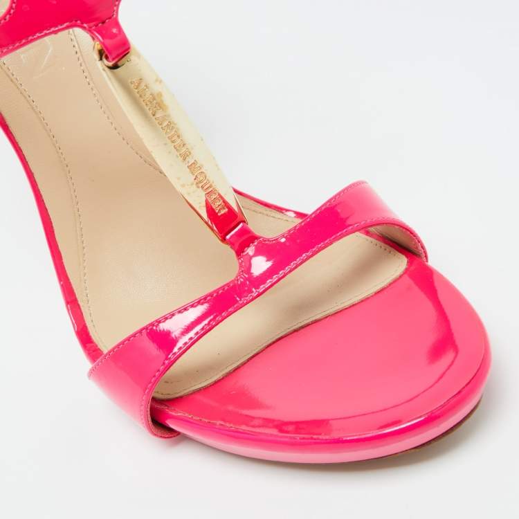 Pre Owned Alexander McQueen Hot Pink Patent Leather Ankle Strap Sandals 39.5