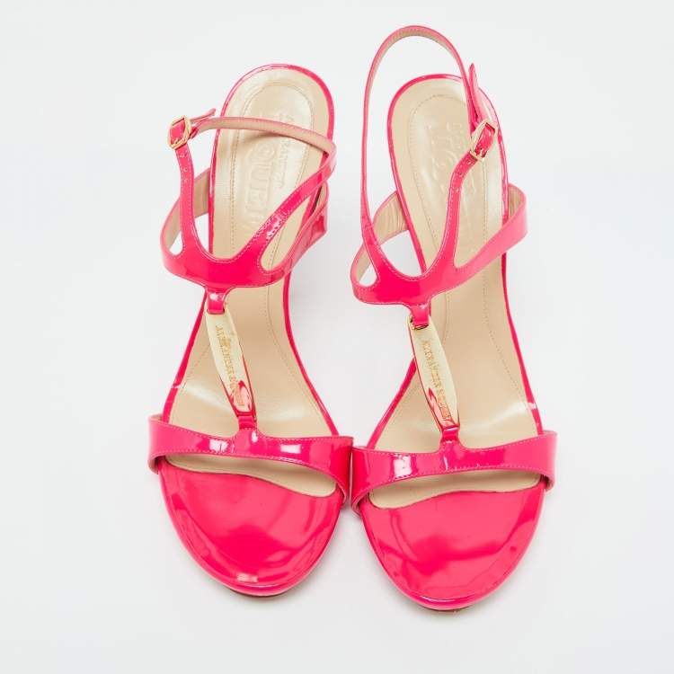 Pre Owned Alexander McQueen Hot Pink Patent Leather Ankle Strap Sandals 39.5