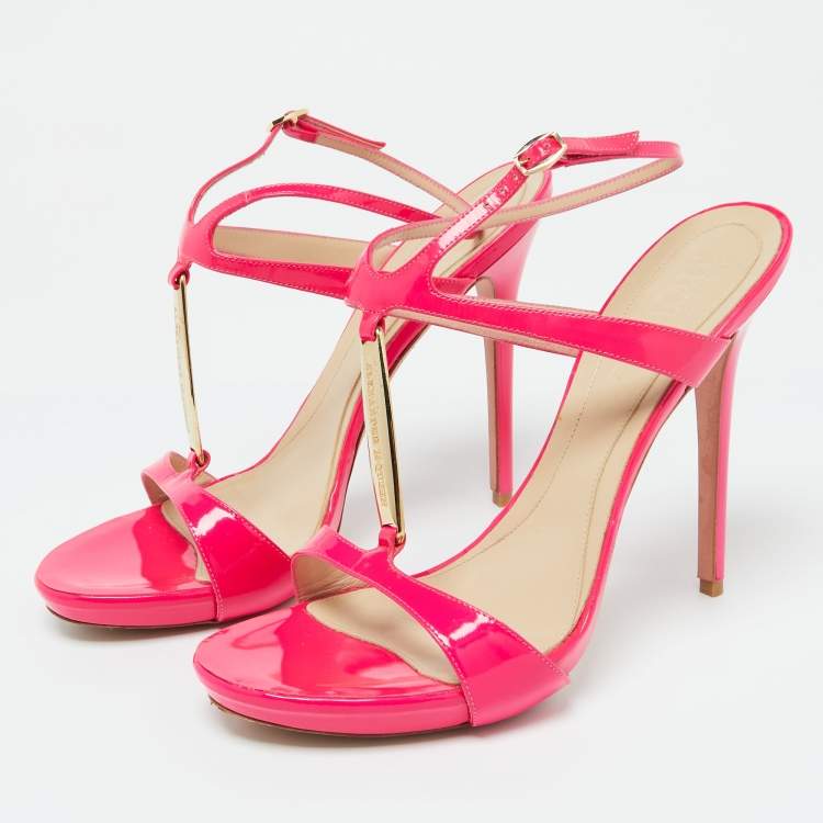 Pre Owned Alexander McQueen Hot Pink Patent Leather Ankle Strap Sandals 39.5