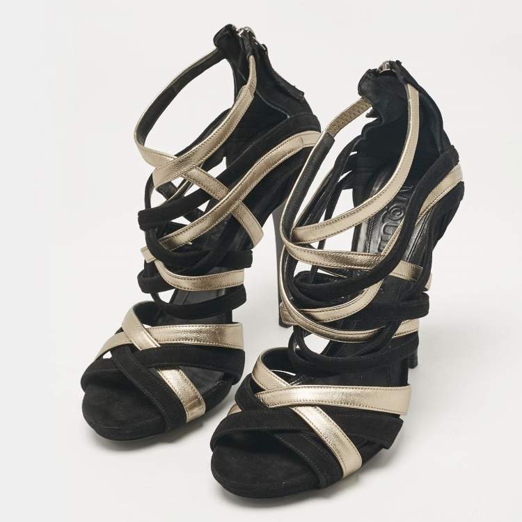 Alexander McQueen Black Metallic Suede and Leather Strappy Sandals Size 37.5 Alexander McQueen TLC