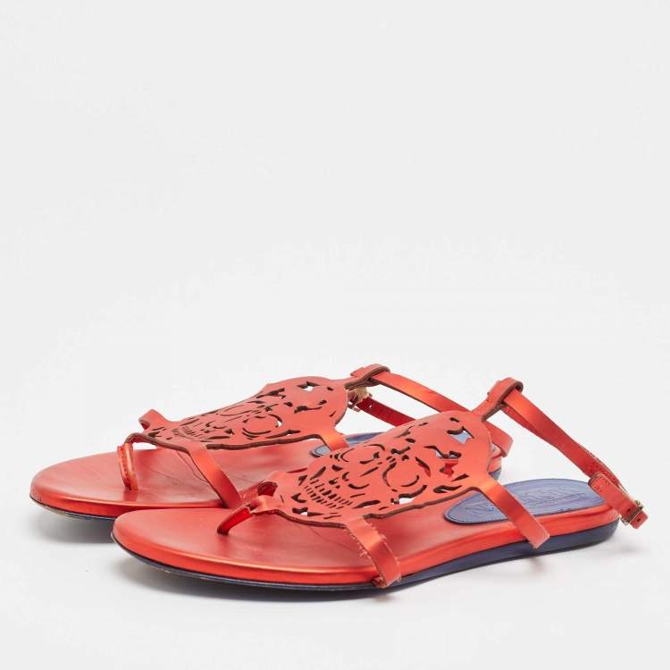 Pre Owned Alexander McQueen Red Leather Ankle Strap Flat Sandals Size 37