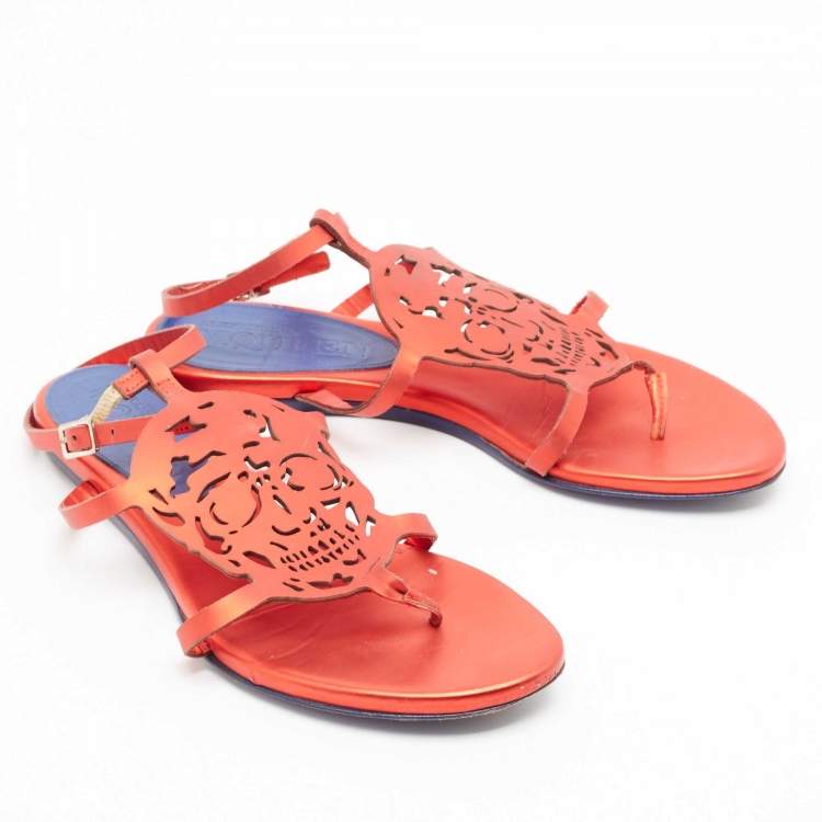 Pre Owned Alexander McQueen Red Leather Ankle Strap Flat Sandals Size 37