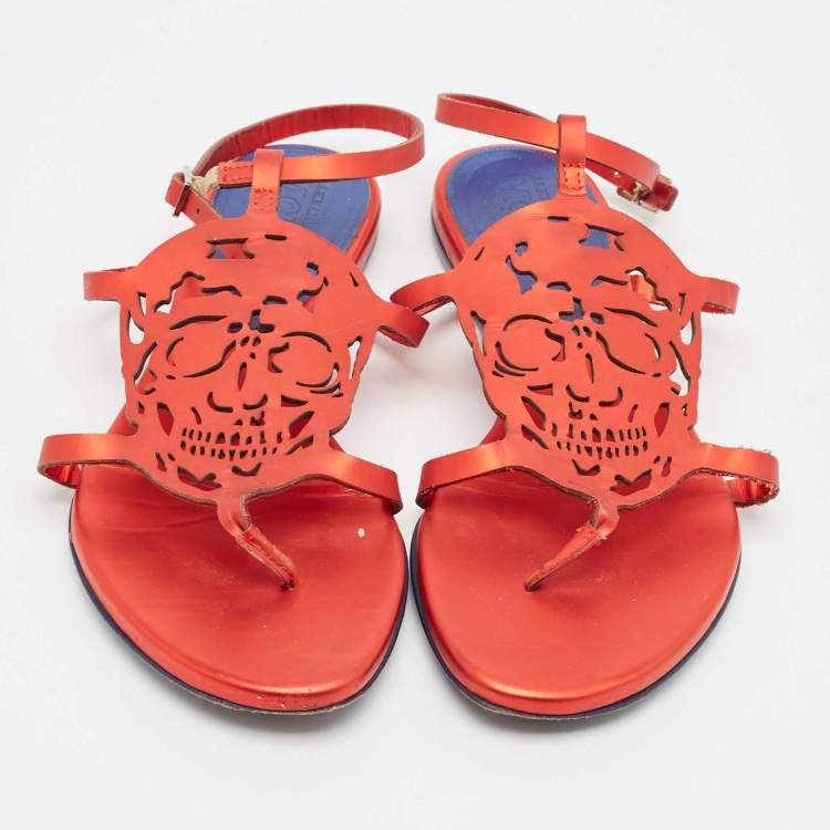 Pre Owned Alexander McQueen Red Leather Ankle Strap Flat Sandals Size 37