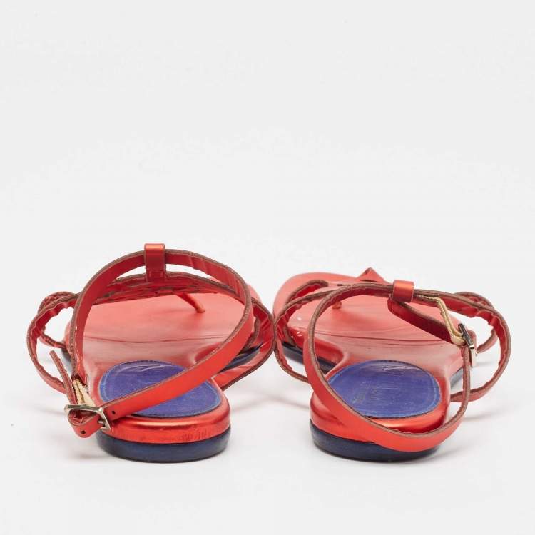 Pre Owned Alexander McQueen Red Leather Ankle Strap Flat Sandals Size 37