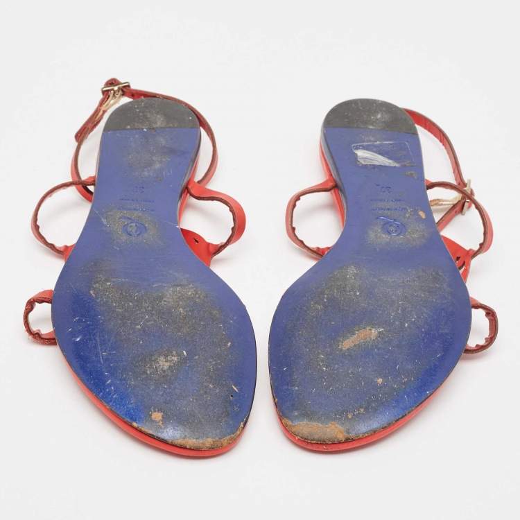 Pre Owned Alexander McQueen Red Leather Ankle Strap Flat Sandals Size 37