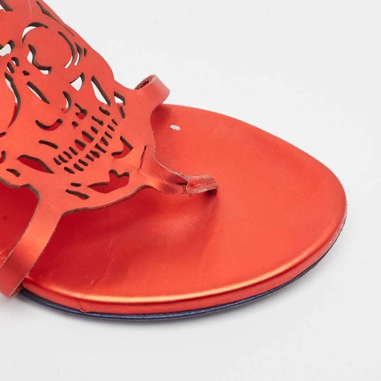 Pre Owned Alexander McQueen Red Leather Ankle Strap Flat Sandals Size 37