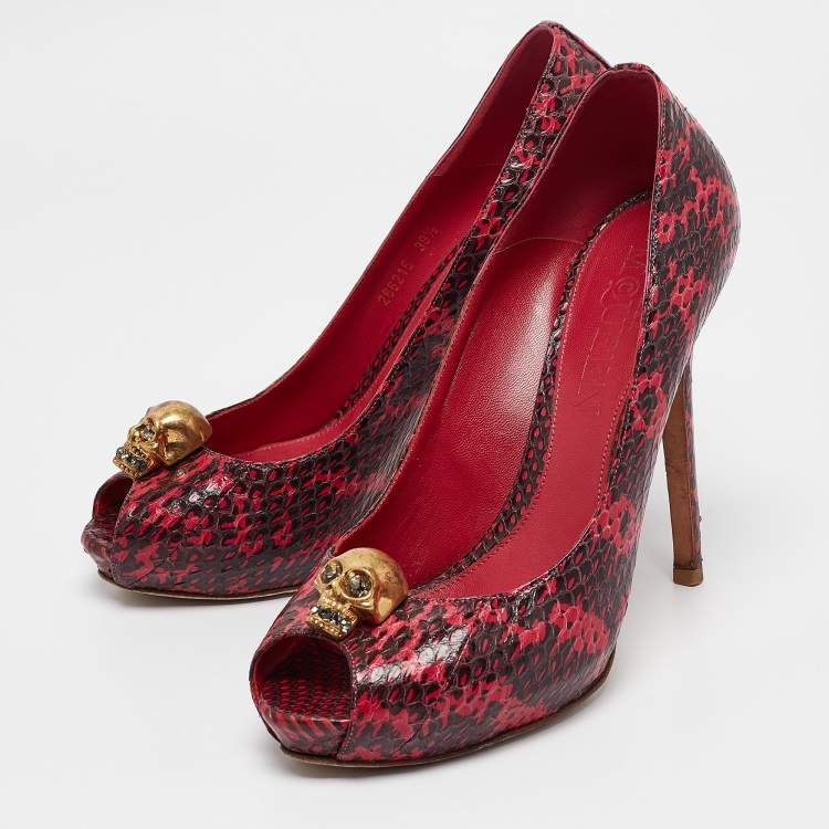 Pre Owned Alexander McQueen Pink Python Leather Skull Peep Toe Pumps Size 39.5