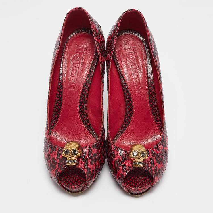 Pre Owned Alexander McQueen Pink Python Leather Skull Peep Toe Pumps Size 39.5