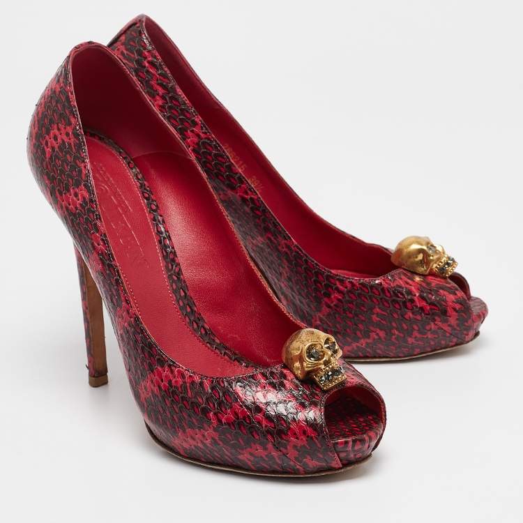 Pre Owned Alexander McQueen Pink Python Leather Skull Peep Toe Pumps Size 39.5