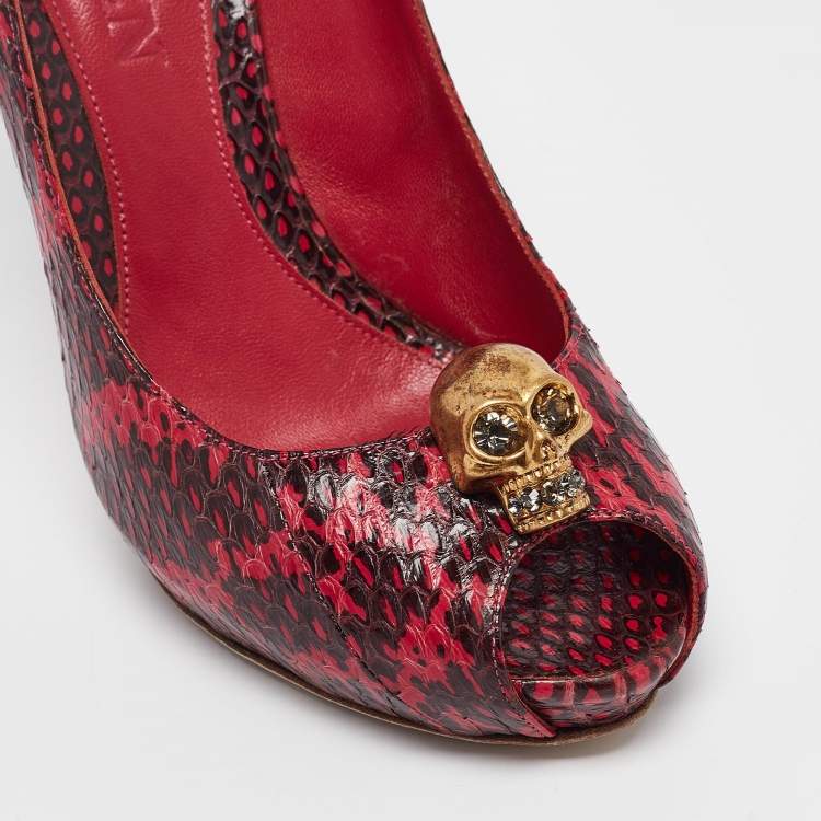 Pre Owned Alexander McQueen Pink Python Leather Skull Peep Toe Pumps Size 39.5