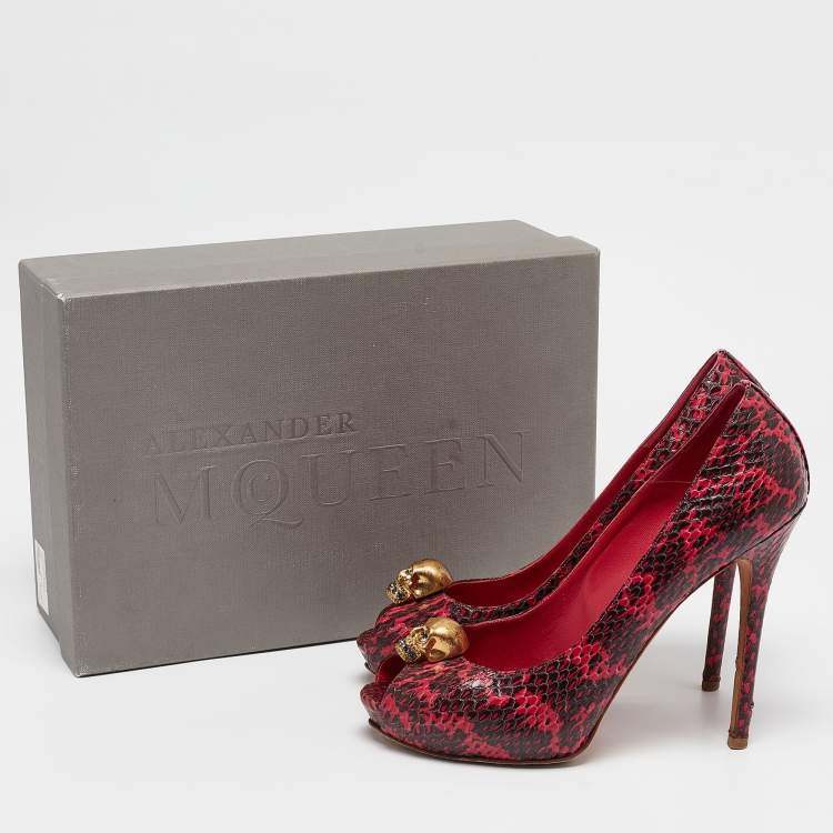 Pre Owned Alexander McQueen Pink Python Leather Skull Peep Toe Pumps Size 39.5