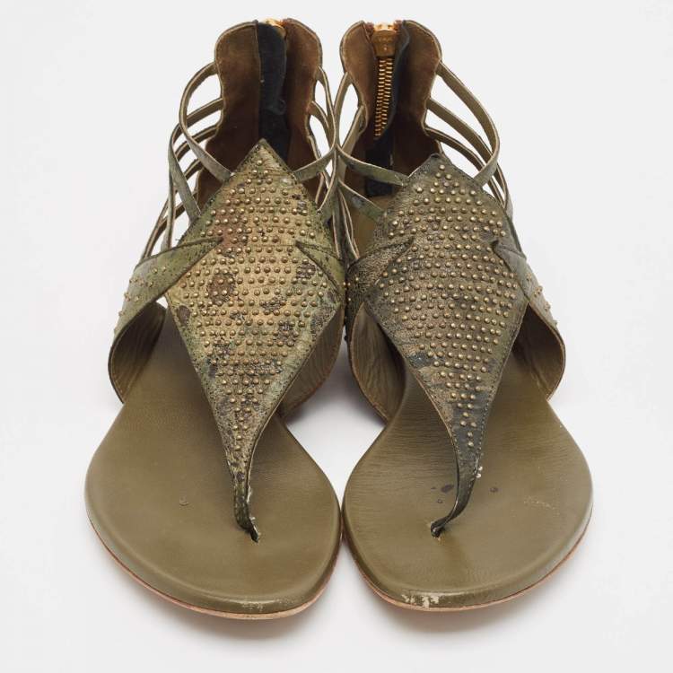 Pre Owned Alexander McQueen Green Leather Flat Sandals Size 38