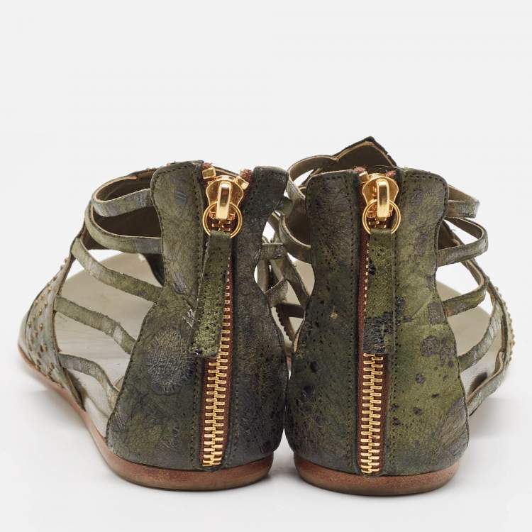 Pre Owned Alexander McQueen Green Leather Flat Sandals Size 38