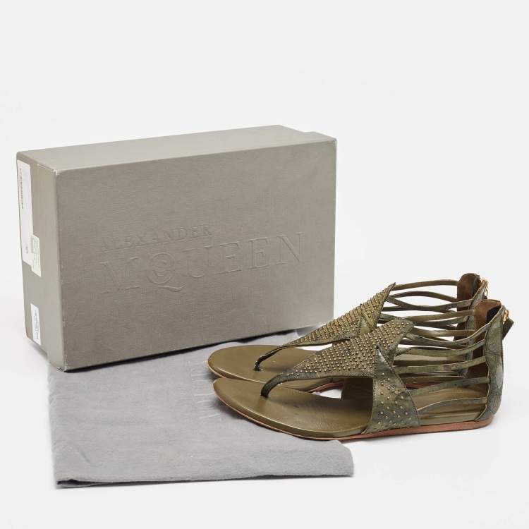 Pre Owned Alexander McQueen Green Leather Flat Sandals Size 38