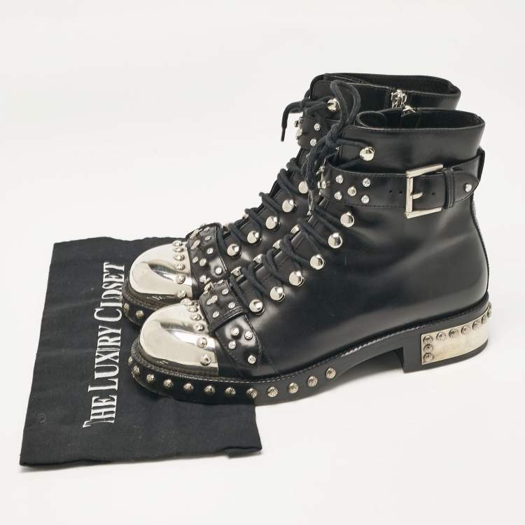 Pre Owned Alexander McQueen Black Leather Hobnail Ankle Length Boots Size 38