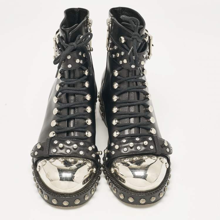 Pre Owned Alexander McQueen Black Leather Hobnail Ankle Length Boots Size 38