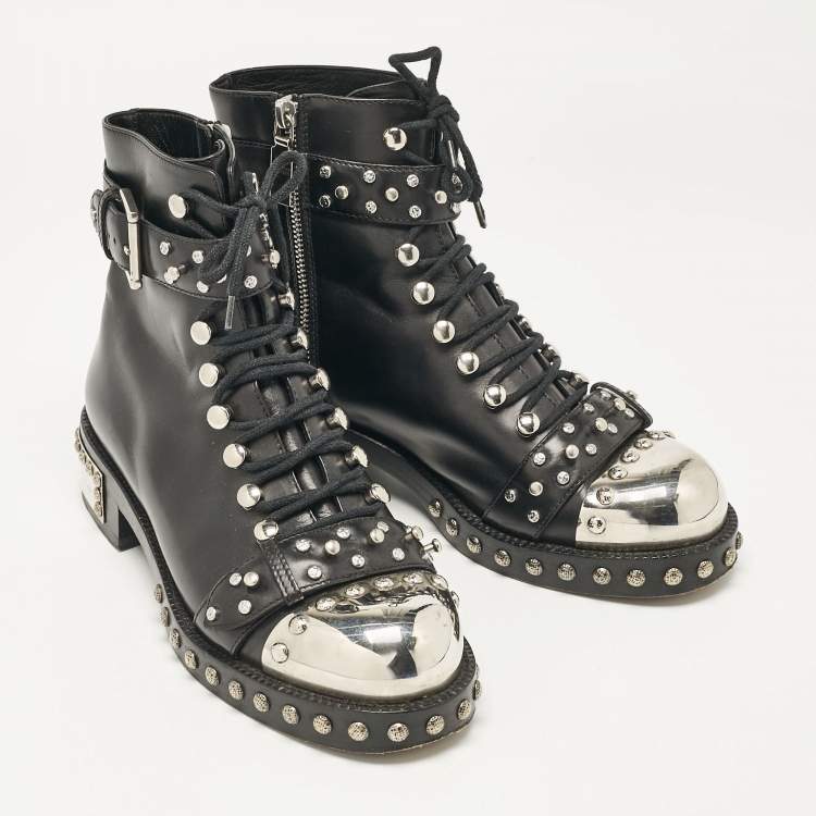 Pre Owned Alexander McQueen Black Leather Hobnail Ankle Length Boots Size 38