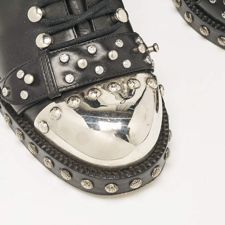 Pre Owned Alexander McQueen Black Leather Hobnail Ankle Length Boots Size 38