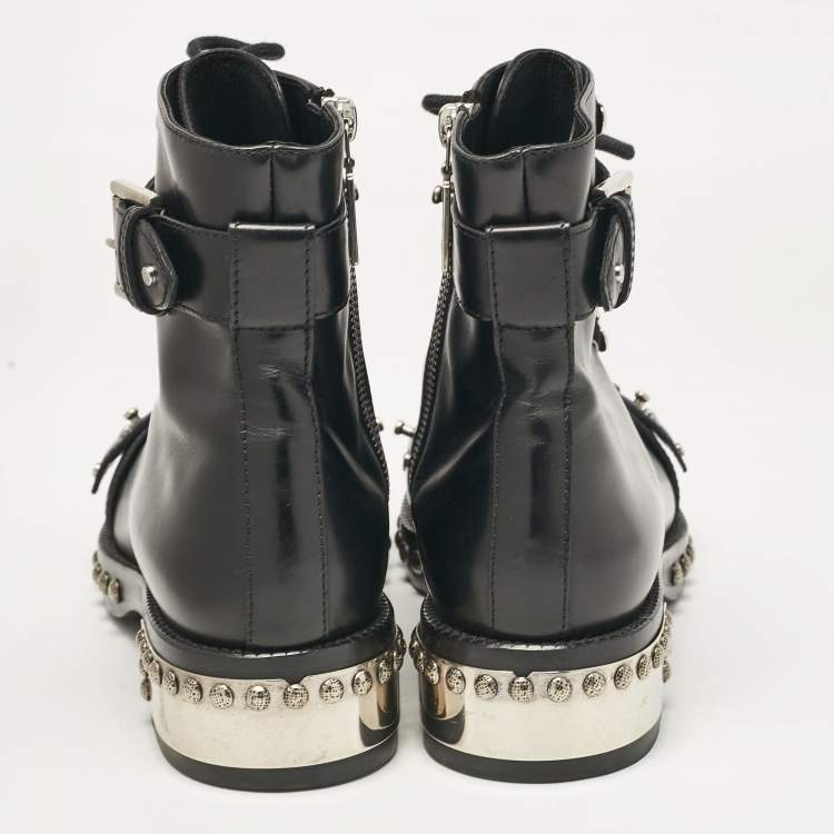 Pre Owned Alexander McQueen Black Leather Hobnail Ankle Length Boots Size 38