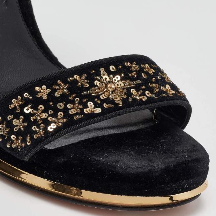 Pre Owned Alexander McQueen Black Velvet Embellished Ankle Strap Sandals Size 39