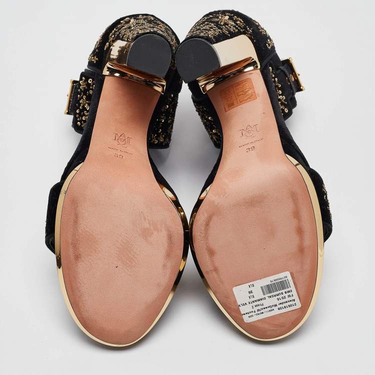 Pre Owned Alexander McQueen Black Velvet Embellished Ankle Strap Sandals Size 39