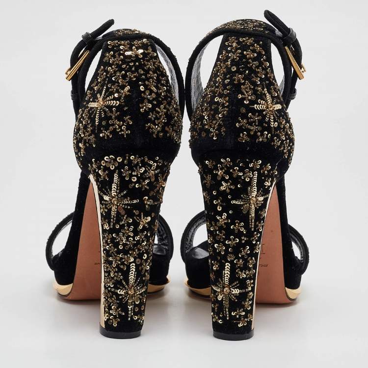 Pre Owned Alexander McQueen Black Velvet Embellished Ankle Strap Sandals Size 39