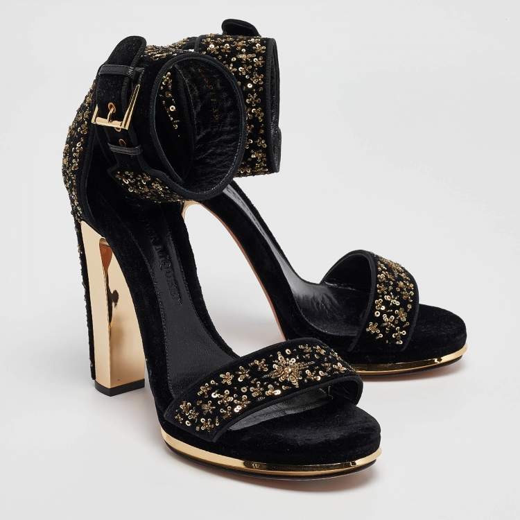 Pre Owned Alexander McQueen Black Velvet Embellished Ankle Strap Sandals Size 39