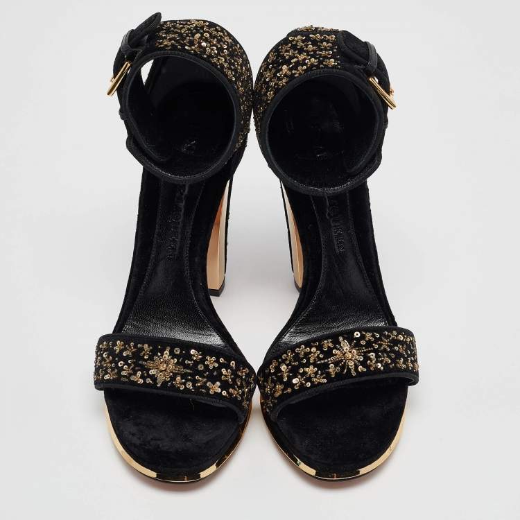 Pre Owned Alexander McQueen Black Velvet Embellished Ankle Strap Sandals Size 39