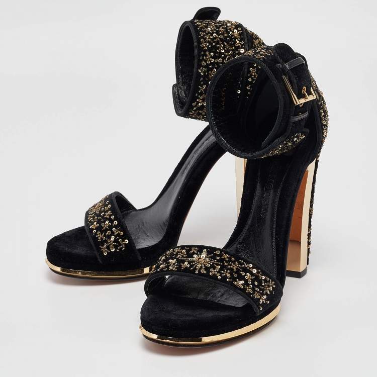 Pre Owned Alexander McQueen Black Velvet Embellished Ankle Strap Sandals Size 39