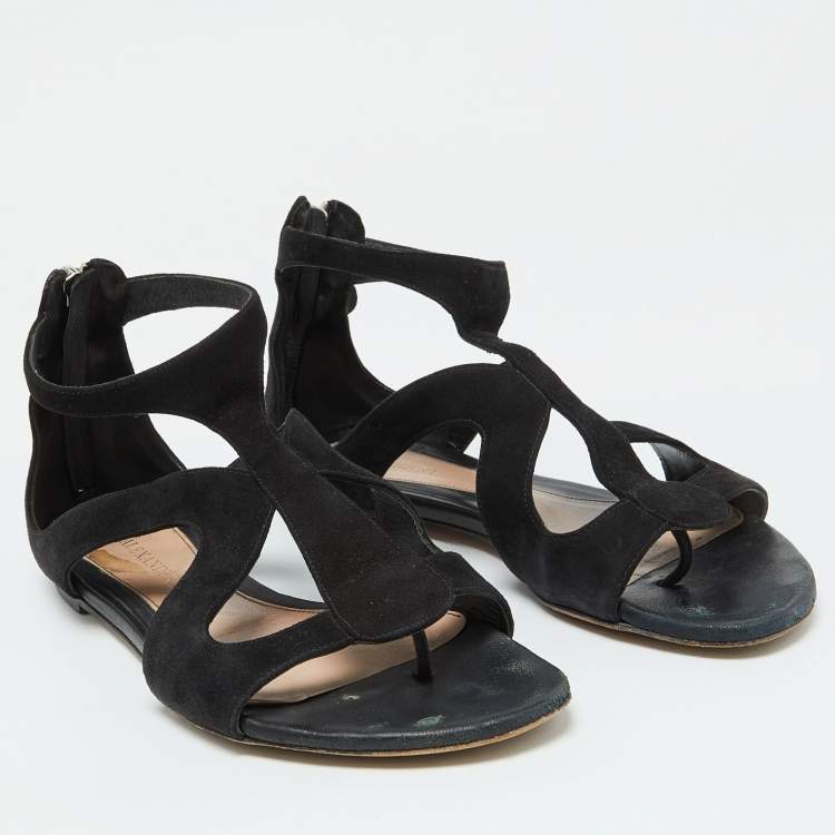 Pre Owned Alexander McQueen Black Suede Flat Sandals Size 38