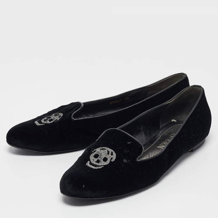Pre Owned Alexander McQueen Black Velvet Skull Embroidered Smoking Slippers Size 40