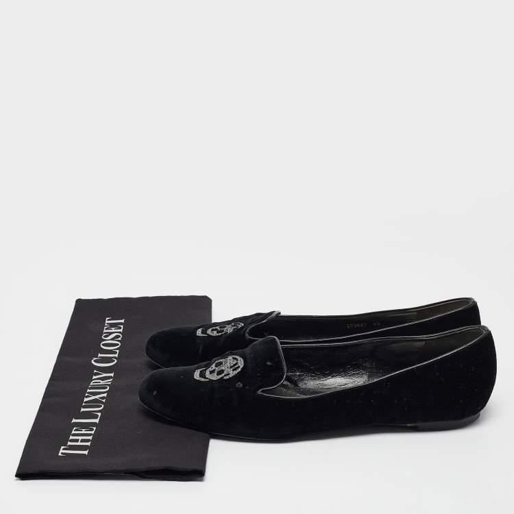Pre Owned Alexander McQueen Black Velvet Skull Embroidered Smoking Slippers Size 40