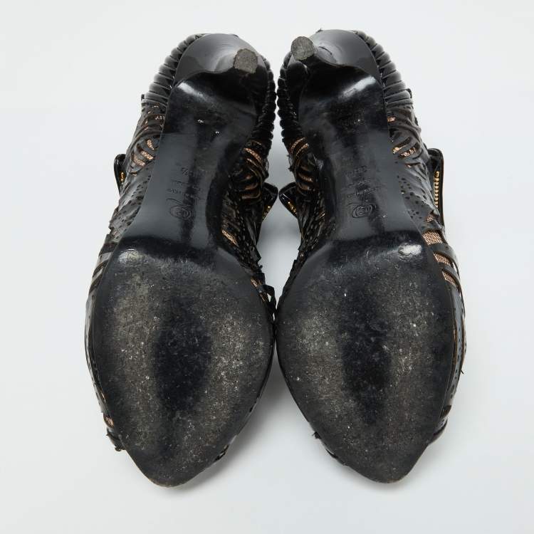 Pre Owned Alexander McQueen Black/Beige Patent Leather and Mesh Faithful Ankle Booties Size 38.5