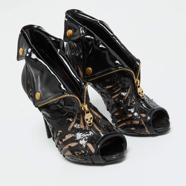 Pre Owned Alexander McQueen Black/Beige Patent Leather and Mesh Faithful Ankle Booties Size 38.5