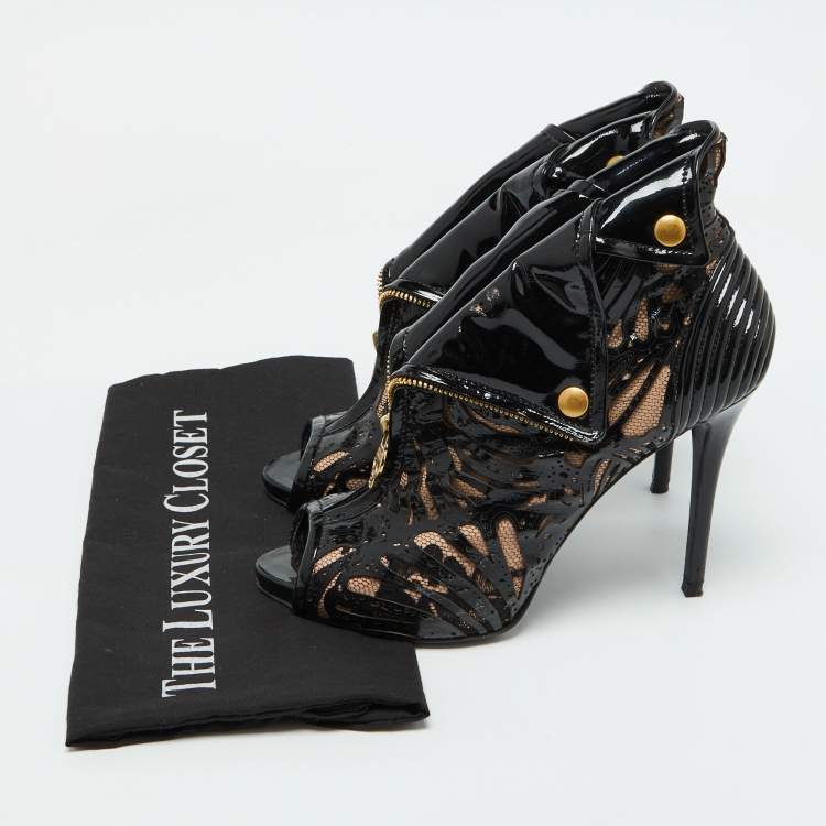 Pre Owned Alexander McQueen Black/Beige Patent Leather and Mesh Faithful Ankle Booties Size 38.5