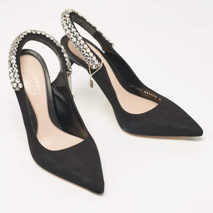 Pre Owned Alexander McQueen Black Suede Crystal Embellished Slingback Pumps Size 39