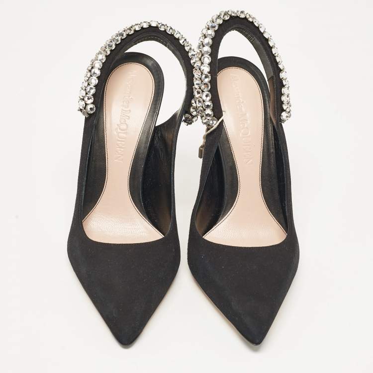 Pre Owned Alexander McQueen Black Suede Crystal Embellished Slingback Pumps Size 39