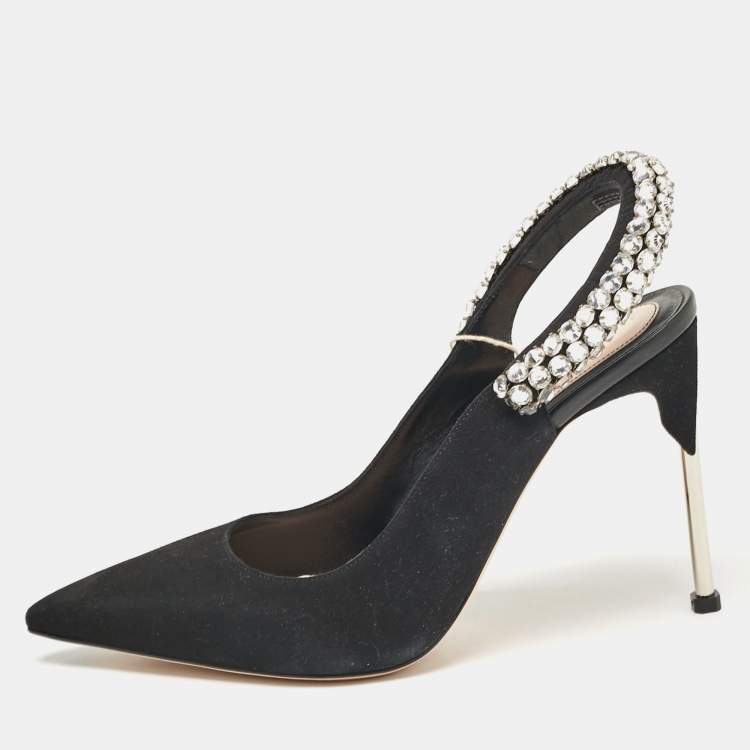 Pre Owned Alexander McQueen Black Suede Crystal Embellished Slingback Pumps Size 39