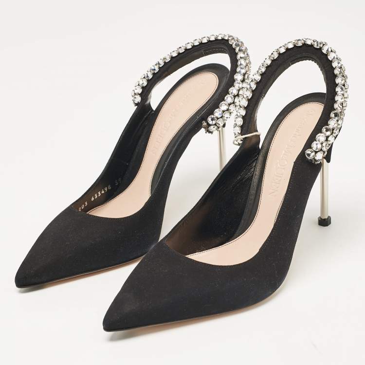 Pre Owned Alexander McQueen Black Suede Crystal Embellished Slingback Pumps Size 39