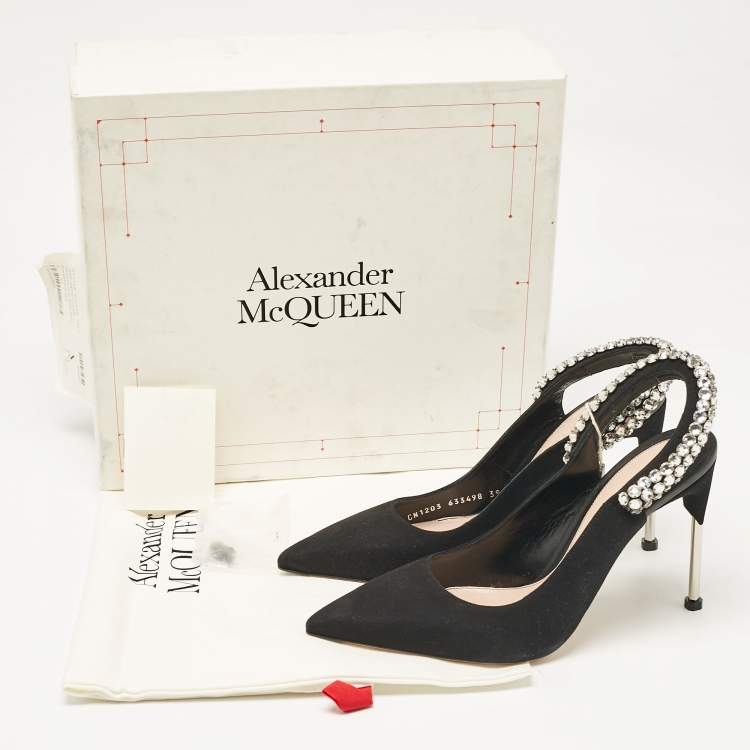 Pre Owned Alexander McQueen Black Suede Crystal Embellished Slingback Pumps Size 39
