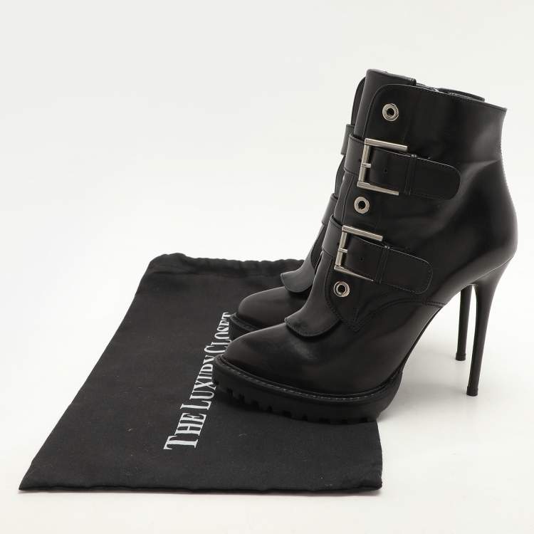 Pre Owned Alexander McQueen Black Leather Buckle Detail Ankle Length Boots Size 38