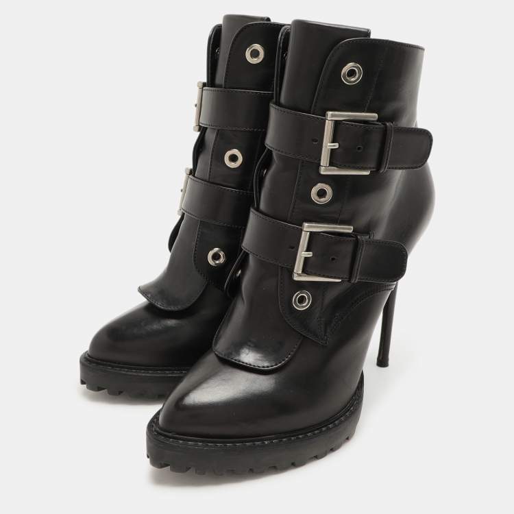 Pre Owned Alexander McQueen Black Leather Buckle Detail Ankle Length Boots Size 38